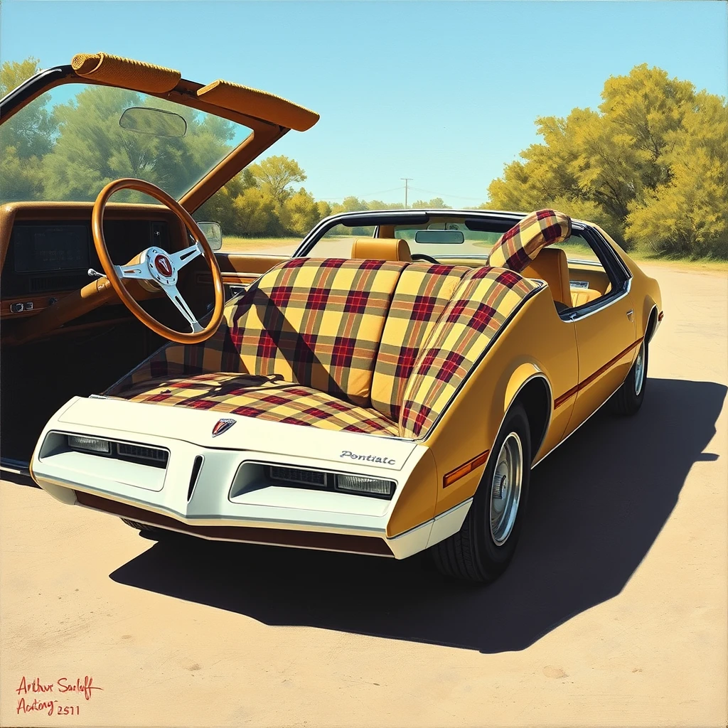 'A Pontiac Fiero with a plaid cloth interior, as painted by Arthur Sarnoff.'