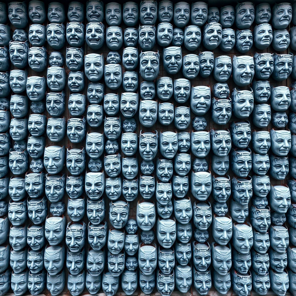 A wall known as the "Thousand Faces Wall", covered with a multitude of masks, all unified in a monochromatic palette of cool, greyish-blue tones. Each mask is unique, featuring different expressions and designs, but all are rendered in the same color scheme, creating a cohesive and striking visual effect. The wall itself could be depicted as ancient and weathered, adding to the mystique of the scene. Despite the uniform color, the variety of faces and expressions makes the scene intriguing and full of depth.