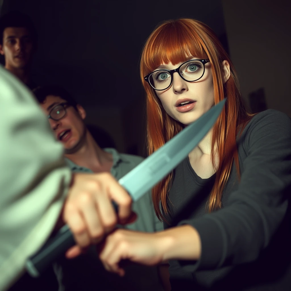 A horror scene; a short, skinny teenage girl with long ginger hair and bangs, green eyes, is cutting a tall young Italian white guy who wears glasses with a knife.