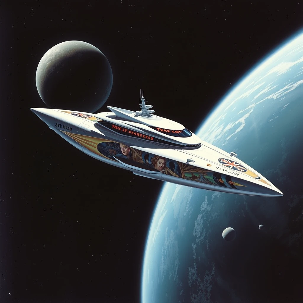 A space-yacht concept, in low Earth orbit, a painting by Syd Mead, sleek, futuristic, a full-length mural decorates the side. - Image