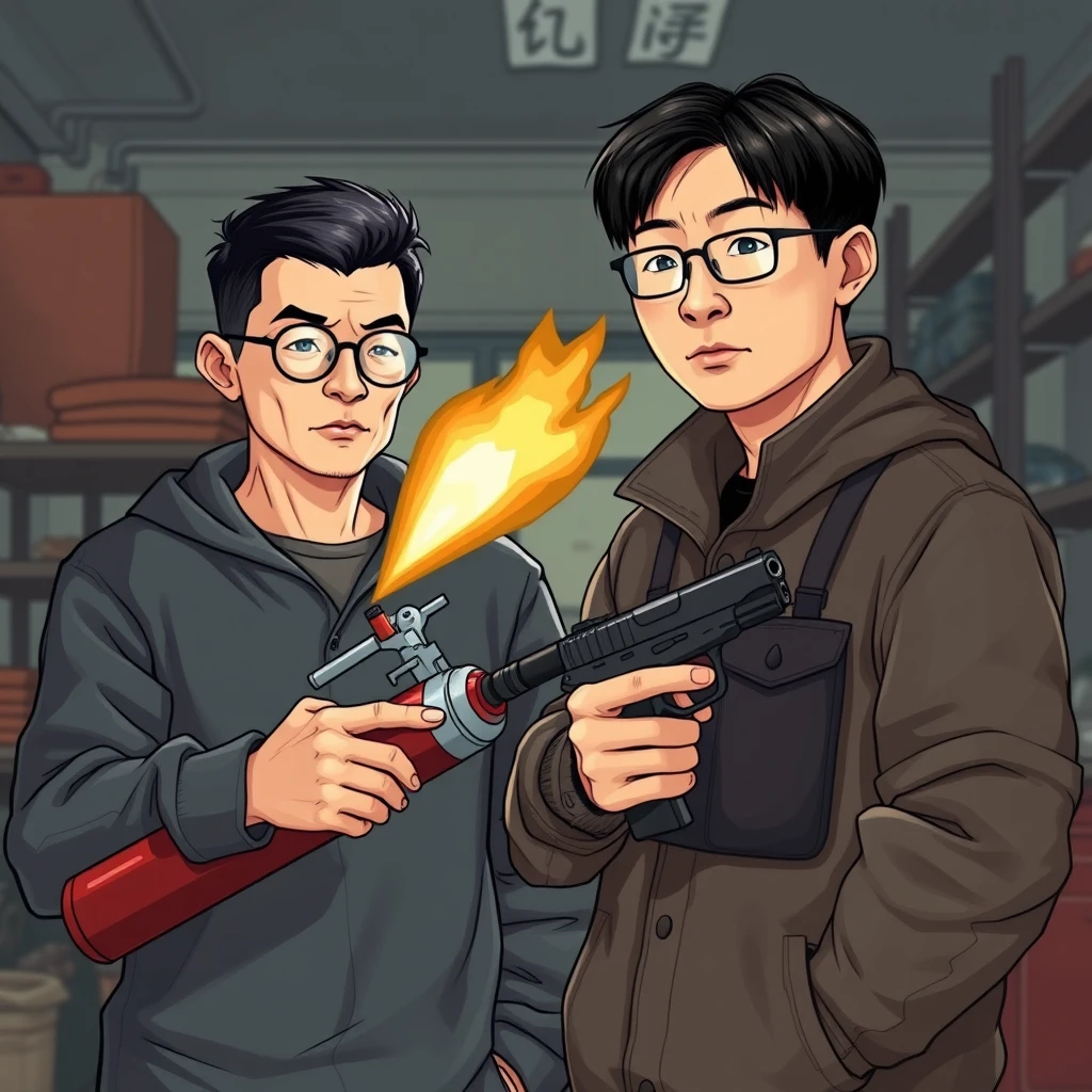 2-person set, 2 men, 1 Caucasian man, 1 Northern Chinese man, they are together in a garage setting, here are the details and I want every detail with accuracy. 
The first one (Italian white man) has these features: he's rather thin and has round prescription glasses, he also has short black hair and he's holding a very large fire extinguisher flamethrower. 
The second one (Northern Chinese man) has these features: a thin long face, wears square prescription glasses, also has mid to long fringed black hair and he's holding a pistol.