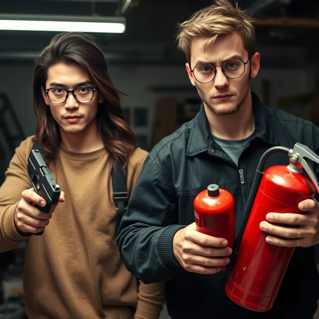 21-year-old pale Chinese man with square glasses, large long hair, holding a pistol; 20-year-old white Italian man with round prescription glasses and short hair holding a very large fire extinguisher, in a garage setting, both angry, intent to kill.