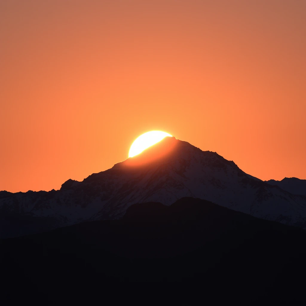 A sun back with a snow mountain at sunset.