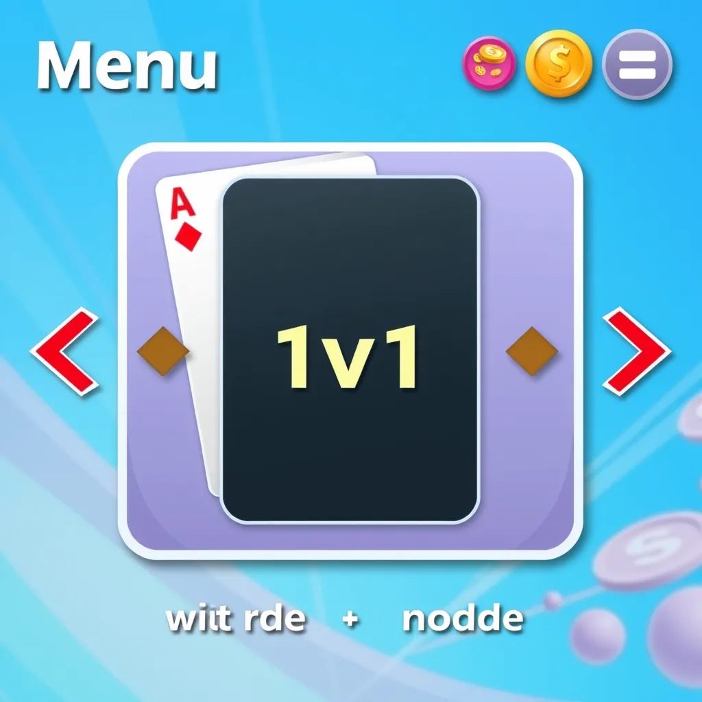 menu screen, a card in the middle which hints at the mode of 1v1 and there is an arrow on the left and on the right to switch between modes, the top right corner shows the current coins, vibrant colors, simple and eye-catching design. - Image