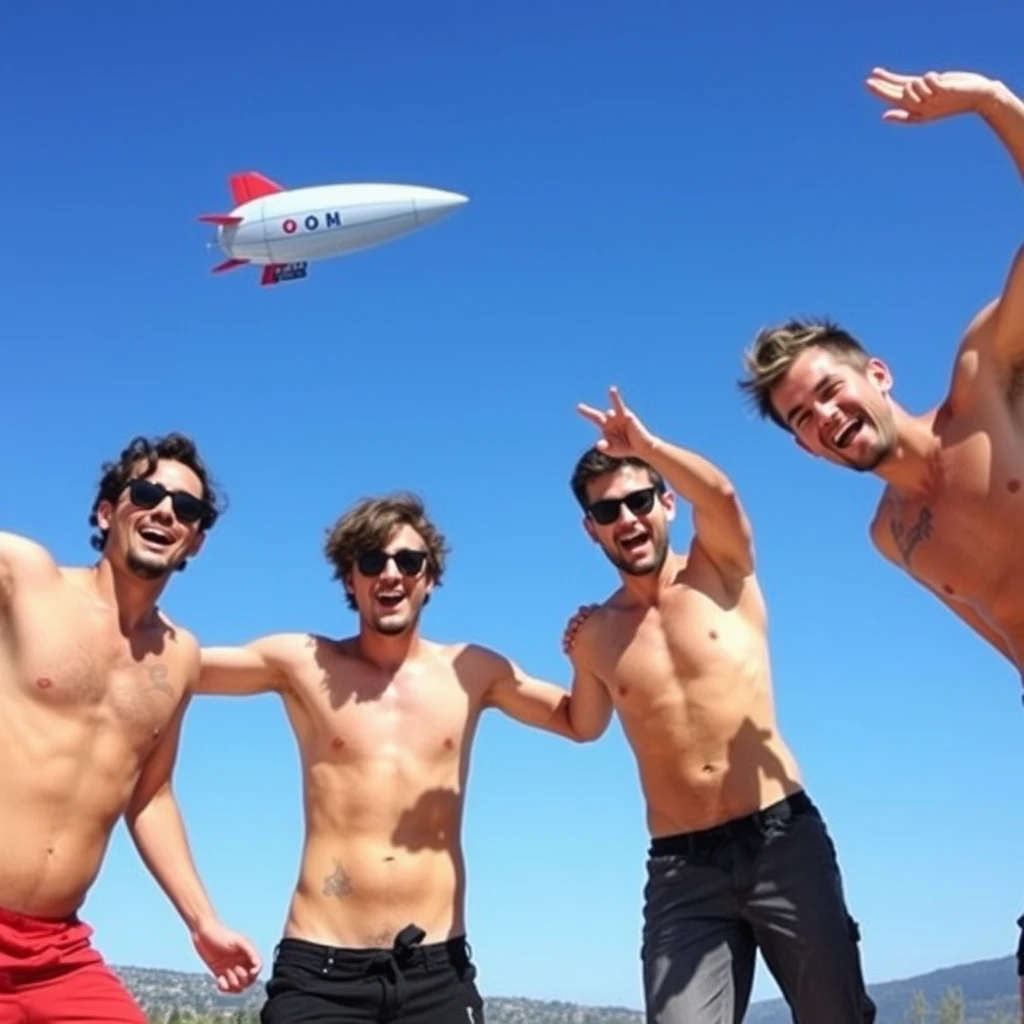 Four male friends having extreme fun in Pals, Catalonia. One has a zeppelin for a head.