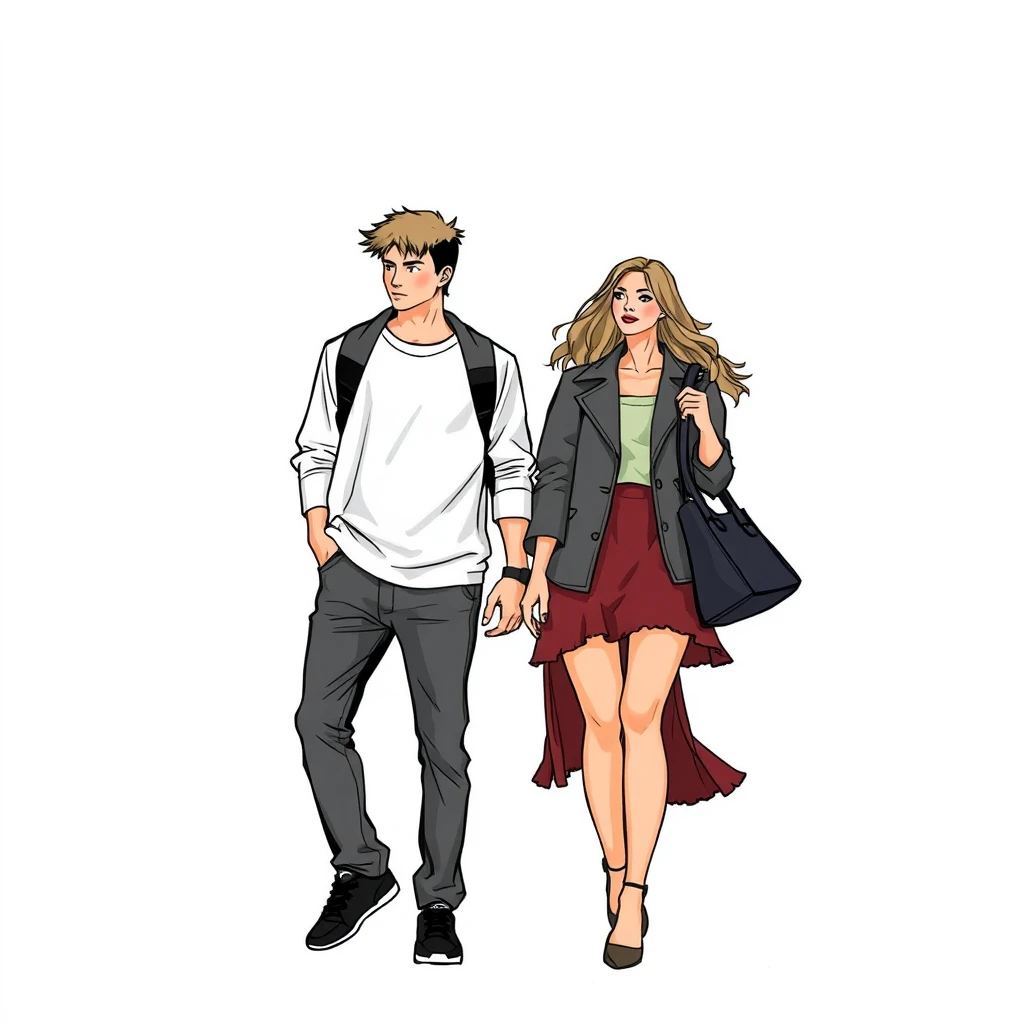 couple, daily, lifetime, full length, young, play, lineart, handbag, frill, fashion - Image