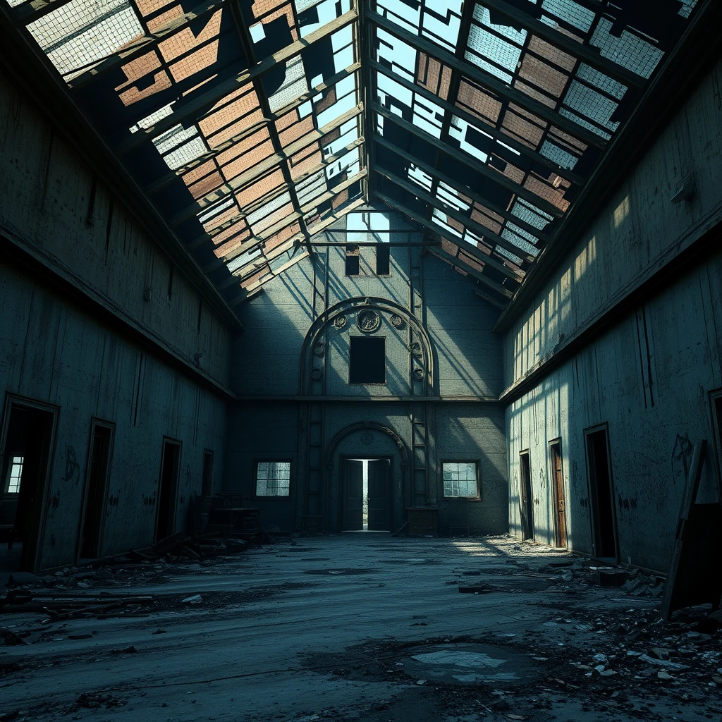 Apocalyptic Scene, Abandoned Building, Interior, Broken Roof, Concept Design, Game Design, 16:9, Excellent Composition