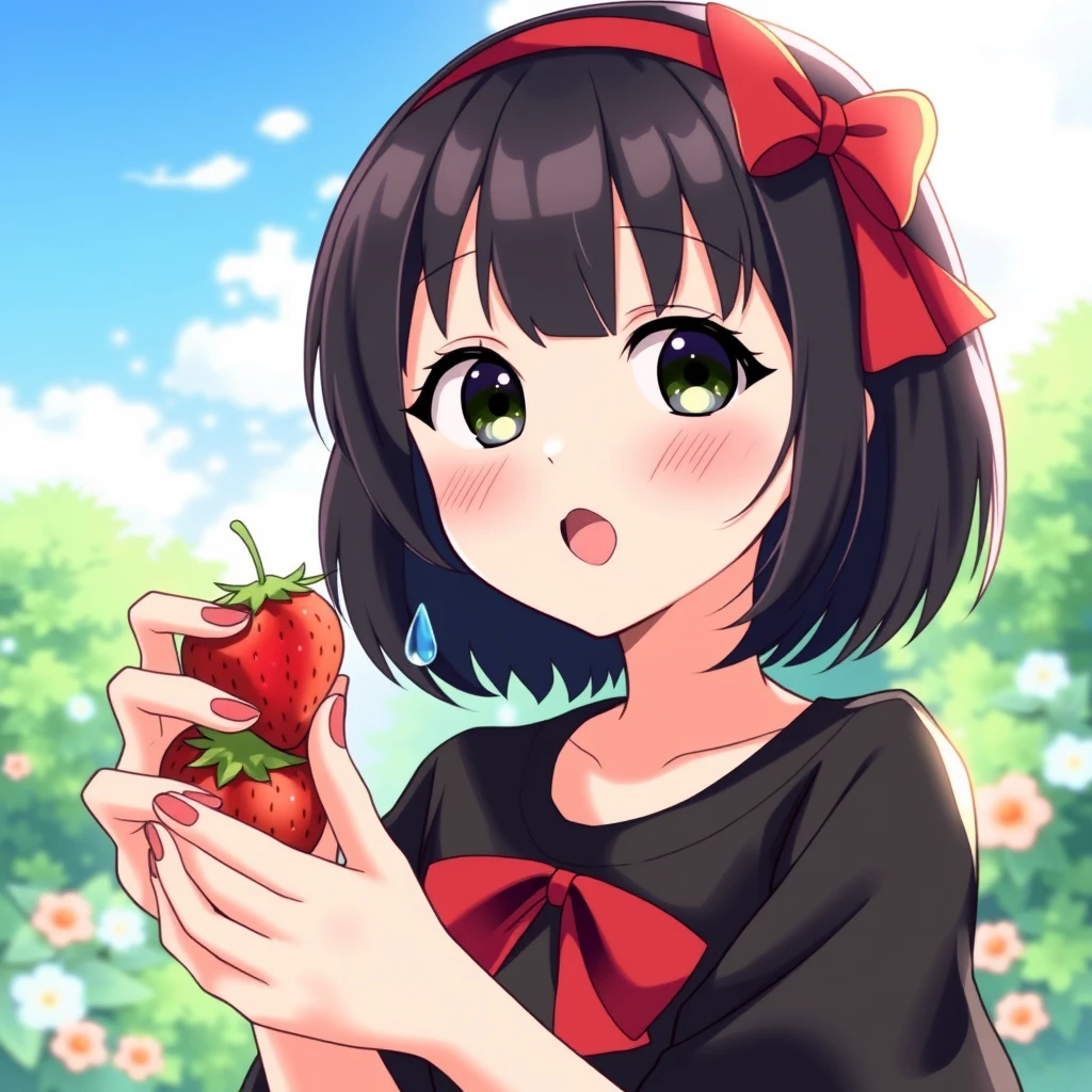 ghibli style, 
kiki \(majo no takkyuubin\),
1girl, :o, bangs, black eyes, black hair, black shirt, blush, bow, bow hairband, collarbone, day, fingernails, food, fruit, hair bow, hairband, holding, holding food, holding fruit, looking at viewer, open mouth, outdoors, red bow, red hairband, shirt, short hair, solo, strawberry, sunlight, upper body, water drop

, ((masterpiece))
<lora:ghibli_style_offset:1>