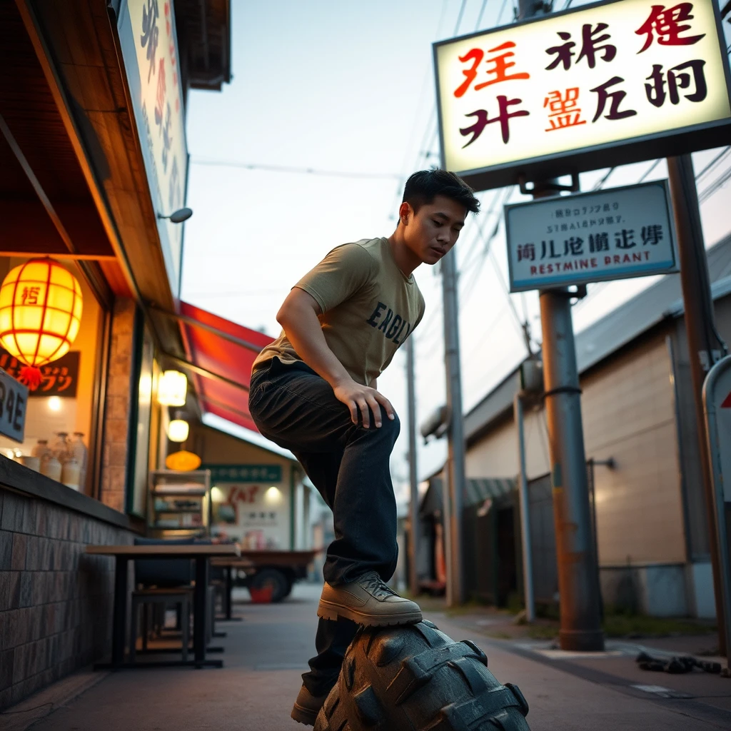 In the evening, a young strong man is stepping on something outside a restaurant, where there is a signboard that clearly shows letters, which could be Chinese characters or Japanese.