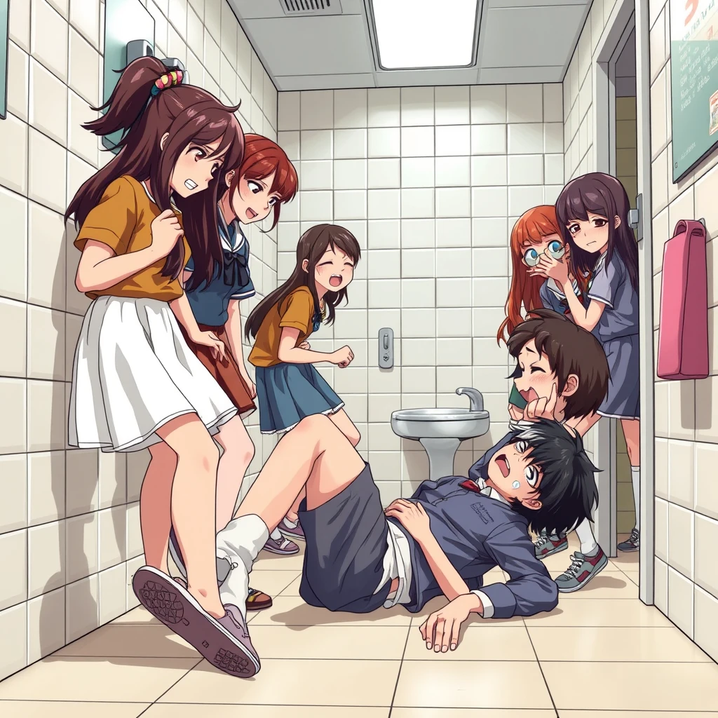 A group of beautiful girls angrily kicking a boy in the girls' bathroom at school, the boy falls on the ground and is crying, comic. - Image