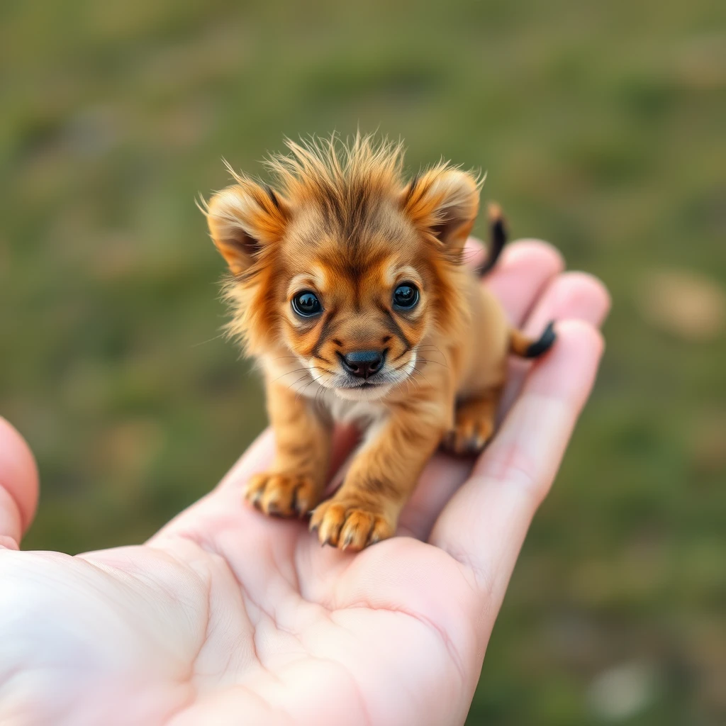 A very small tiny cute lion dog on four in a hand.