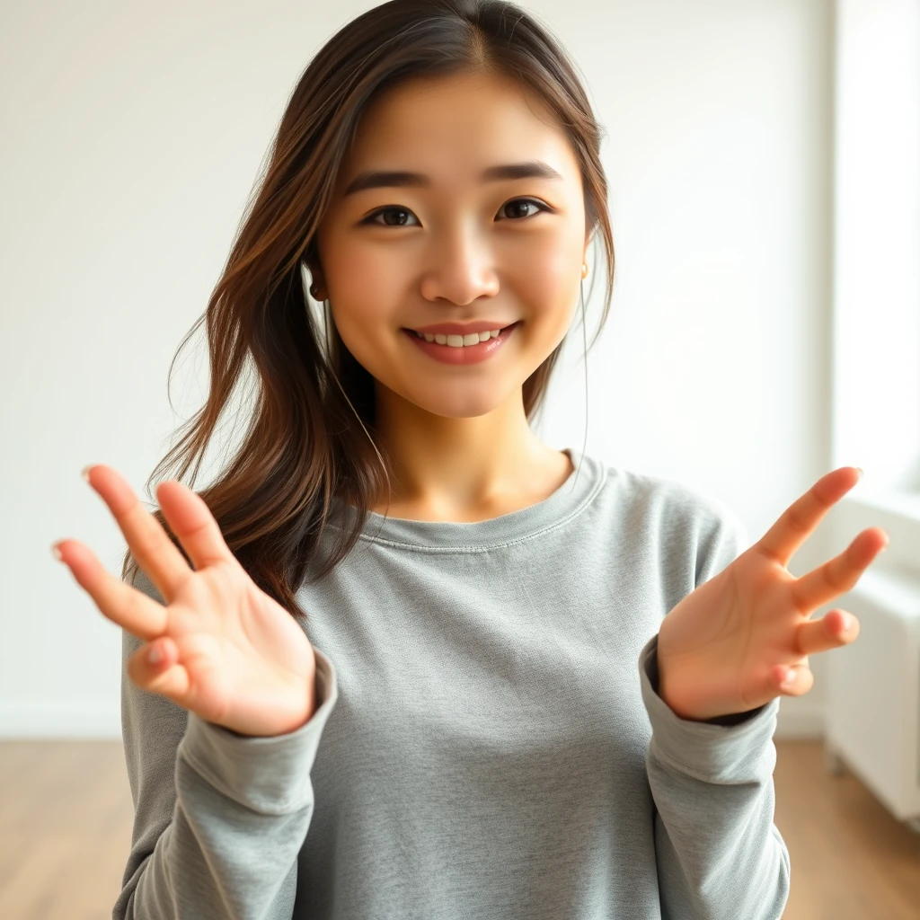 Asian woman holding hands out in an empty room with a white background