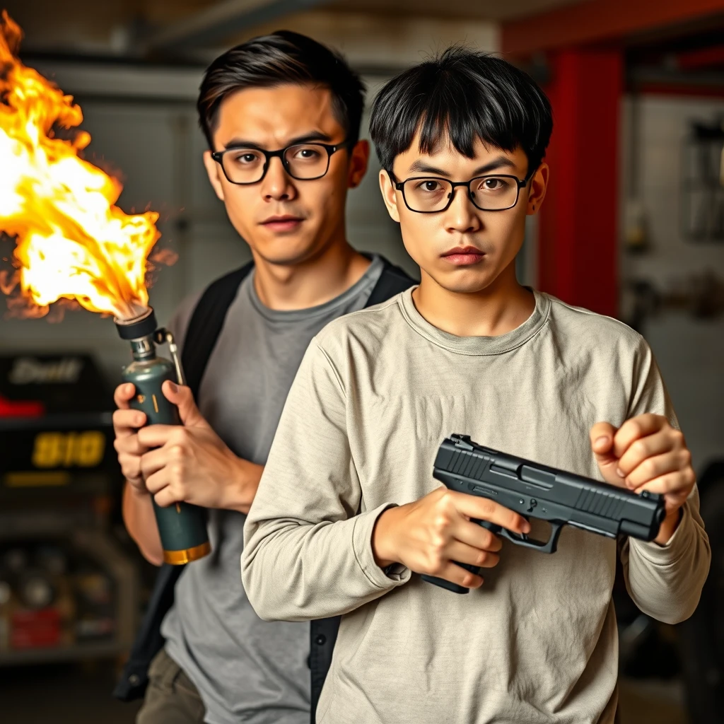 A 21-year-old very fair-skinned Italian man with round glasses and short black hair is holding a very large fire extinguisher flamethrower. A 21-year-old white northern Chinese man with a thin long face, wearing square glasses and mid/long black hair with a fringe, is holding a Glock. Both appear angry, with murderous intent, in a garage setting.