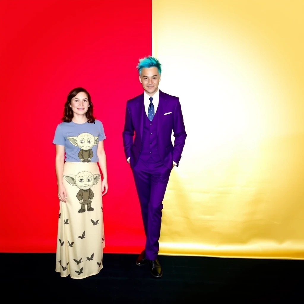 A man and woman are standing together against a backdrop, which is divided equally in half down the middle. The left side is red, and the right side is gold. The woman is wearing a t-shirt with a Yoda motif and has a long skirt with birds on it. The man is wearing a three-piece purple suit and has spiky blue hair. - Image