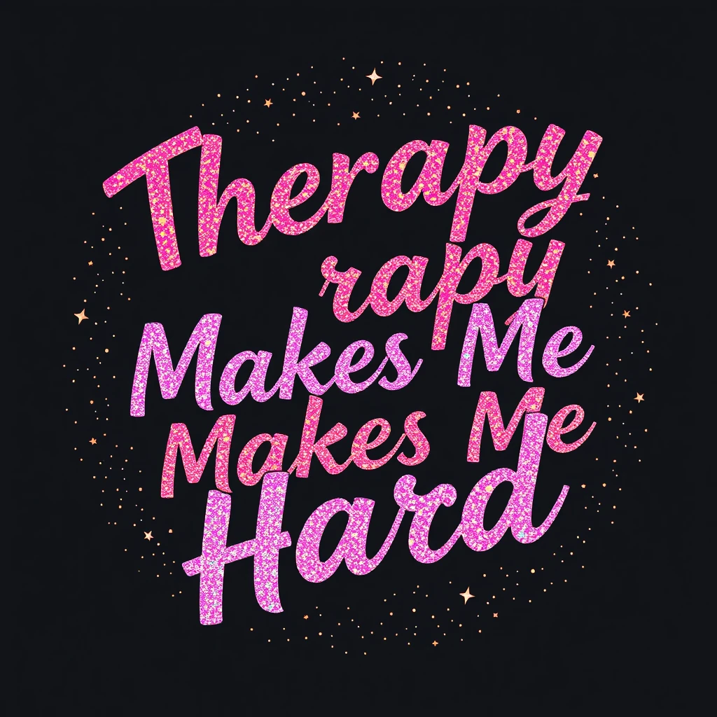 Tee shirt design of fantastic vibrant glittery but ethereal text that says "Therapy Makes Me Hard" - Image