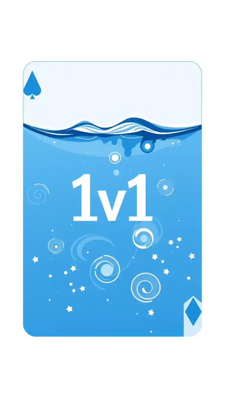 The image is a graphic design of a playing card with the blue water theme in the center. In the center, it's written "1v1". The card is portrait in shape and has a blue background with white swirls and stars scattered throughout. The overall design is modern and minimalistic. - Image