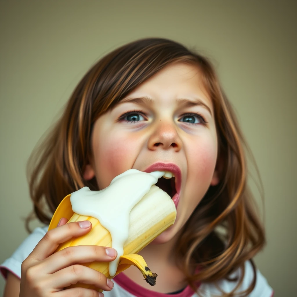 A girl with a banana is stunned, widening her mouth trying to swallow it, but it's too big, and cow milk is coming out of the banana.