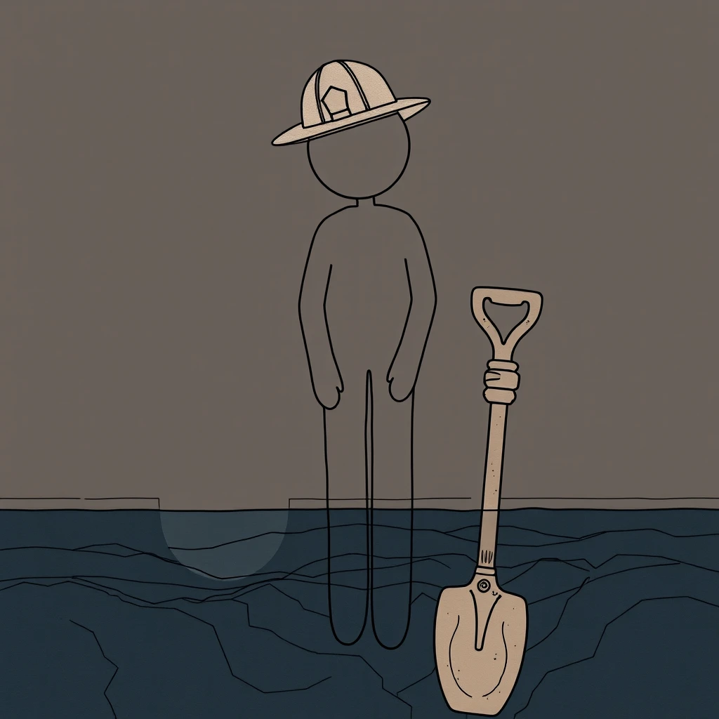 /image prompt: figure, miner, hat, shovel, line drawing, cross-section, underground, water level, persistence, missed opportunities, irony, perseverance, HD, 16k --ar 16:9 --v 6.0 - Image