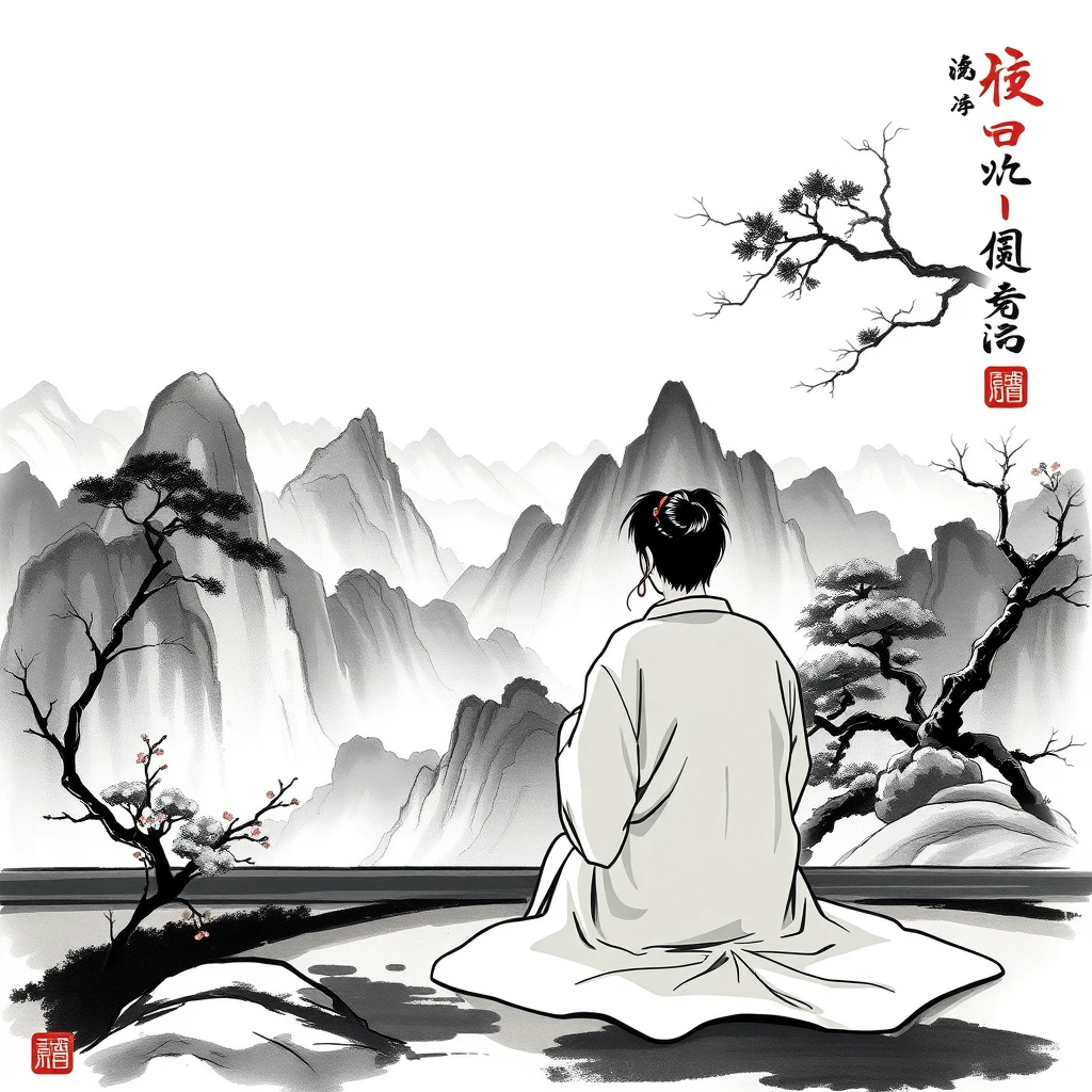 Sitting in front of the Chinese landscape ink painting, anime. - Image