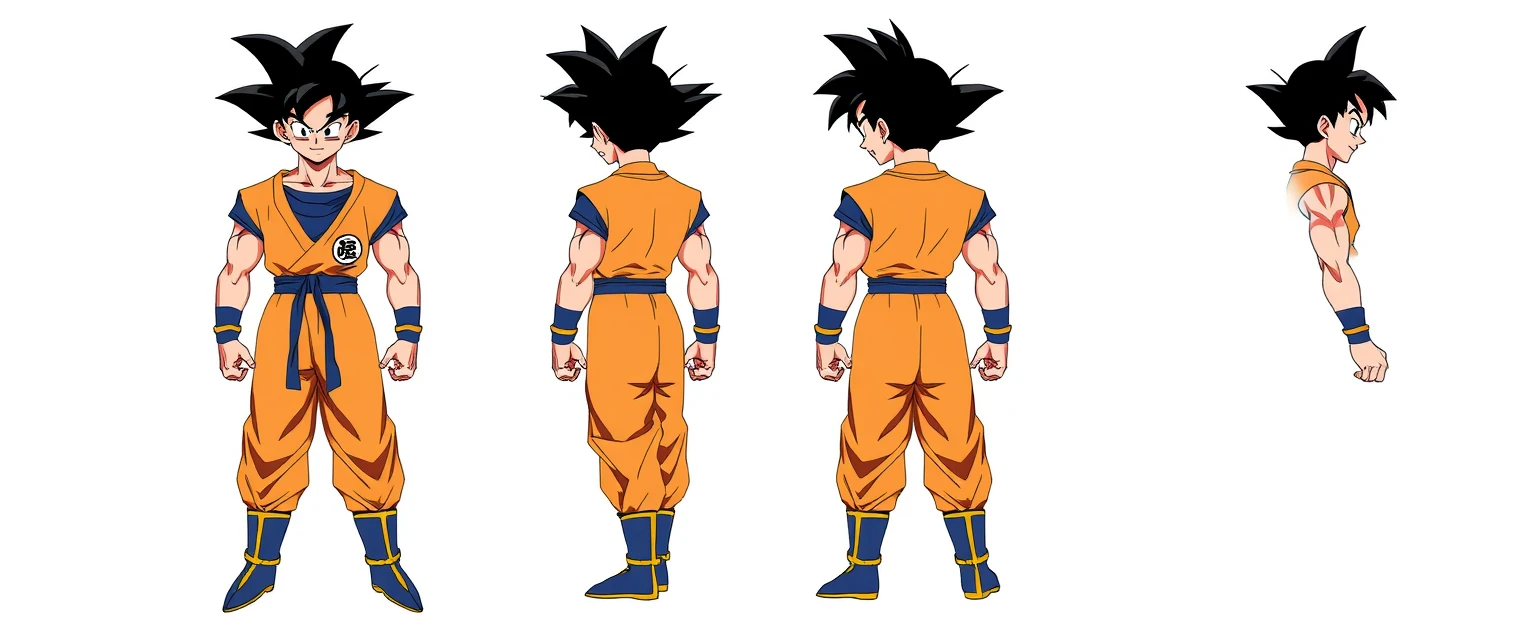 Character Design Sheet, Son Goku, character reference sheet, 3 multiview: front view and from behind view and side view, colorfully, plain.