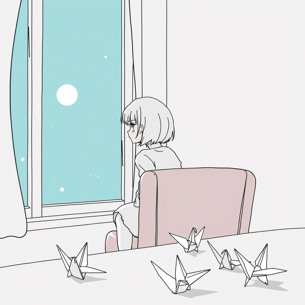 A girl sits on the chair, sadly looking out of the window; there are origami cranes on the table, pure line art. - Image