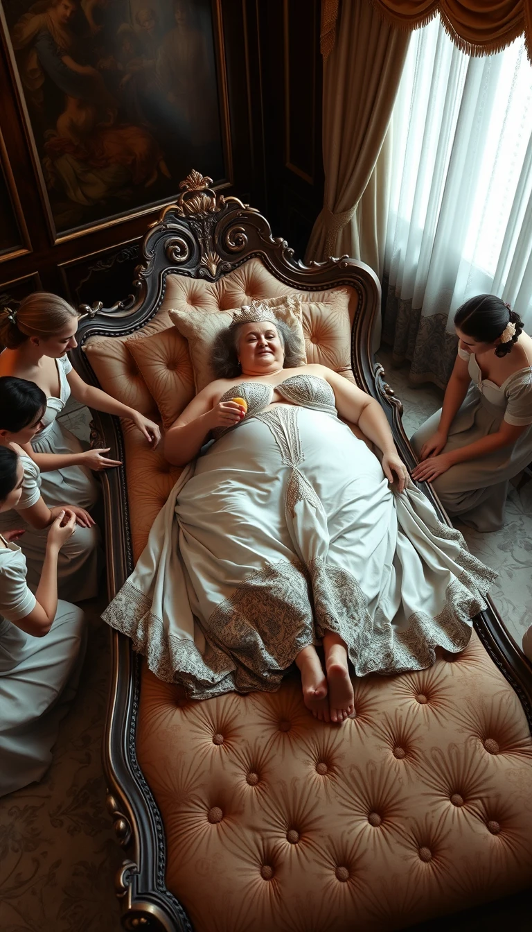 The plump queen lay on the luxurious and exquisite lounger, with some court maids massaging her back, some feeding her fruit, some doing her nails, and some massaging her feet. - Image