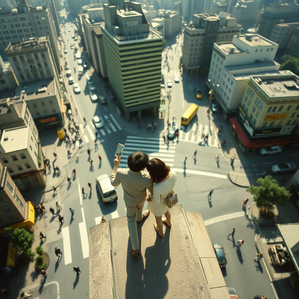 It's a Saul Leiter-esque photograph. Looking down from the roof of a tall building, an Asian couple appears very close with their heads touching each other at a street corner, surrounded by traffic and pedestrians. The whole picture gives the impression that the couple is walking in a Lilliputian land, as everything, including themselves, resembles miniature models. Additionally, the picture conveys that it is a summer afternoon, with the sun shining brightly and numerous reflections of city buildings present. This image has a vintage film texture with a gray-green tint. Aerial view, realistic, 8k.