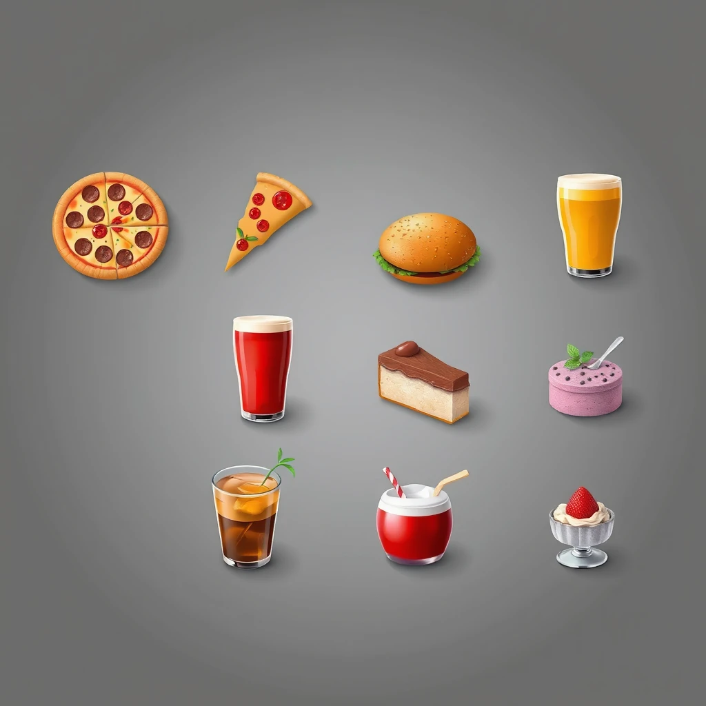 Photorealistic image icons for pizza, burger, hot beverages, cold beverages, and desserts. - Image