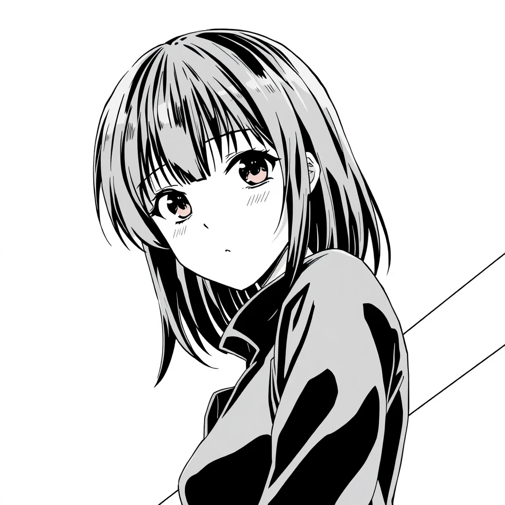 Black-haired girl, manga, grayscale