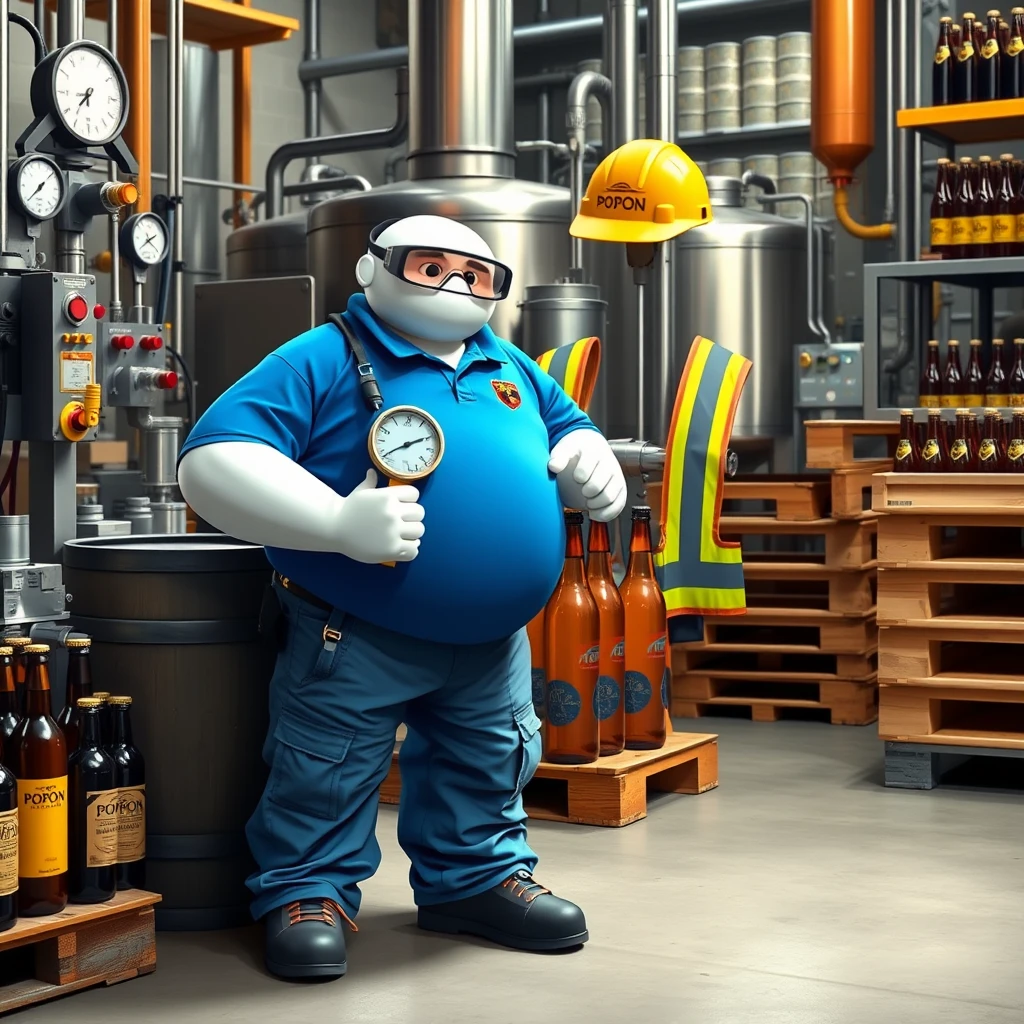 Baymax is measuring bottles with the gauge in the quality control and inspection area of a brewery, surrounded by machinery, a barrel, gauges, measuring instruments, pallets, beer bottles, wearing a blue polo shirt that covers his entire torso, safety elements, a reflective vest, safety shoes, a walkie-talkie, industrial safety goggles, blue cargo pants, and wearing a yellow helmet with the word POPON written on it. The polo shirt has the word POPON written on it. - Image