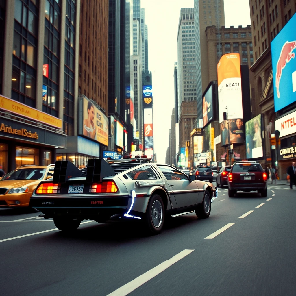 "Back to the Future DeLorean flying in 1950s New York City Times Square."