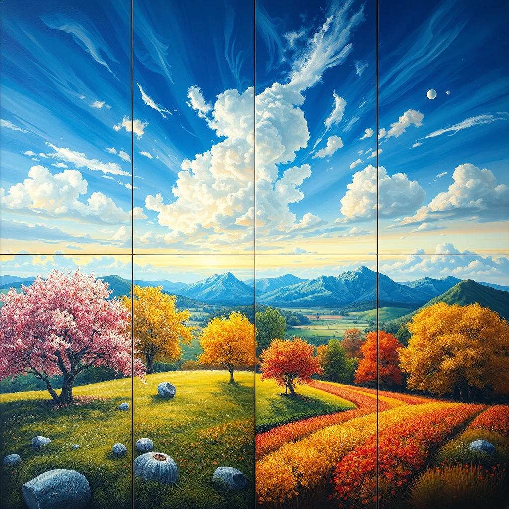 A [landscape] painting depicting the four seasons in a multi-layered size style, with a realistic color scheme and detailed nature depiction. The sky is impressive and the piece is designed to be viewed on multiple screens. Four colors are used to represent the four seasons, with a nature core - Image