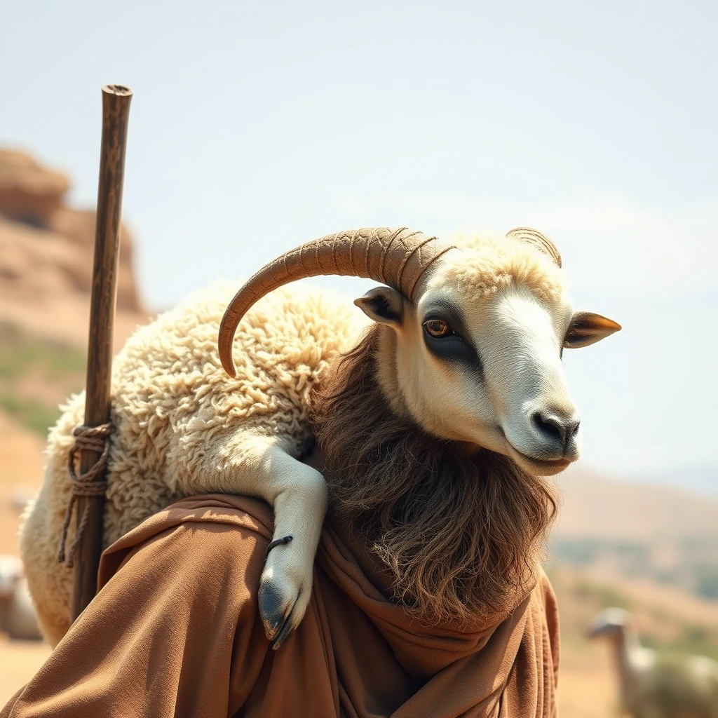 A distressed and wounded sheep (no horns) carried over the shoulder of an Israelite shepherd who is glad that his lost sheep had been found. - Image