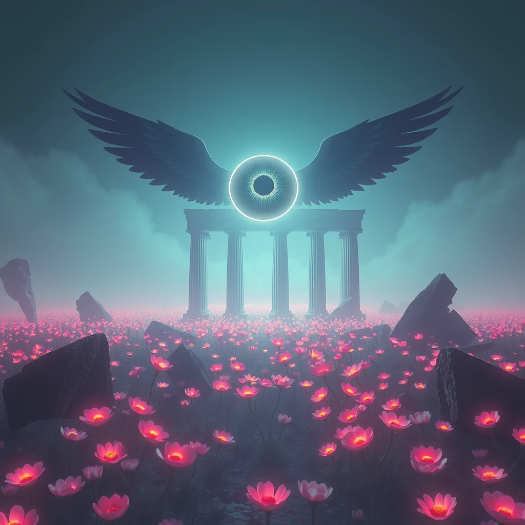 an atmospheric and minimalist pastel 3D rendering evoking a sense of melancholy and nostalgia for a bygone era, a giant eye with wings flies over a field of neon-lit flowers, broken greek columns, ruins, misty weather, vaporwave, retrowave, low poly, night time, mystical, liminal space, ominous, emptiness, melancholic, pastel colors, cult, religious, echoes of the past, unreal engine 5, occult, masterpiece, complex shaders