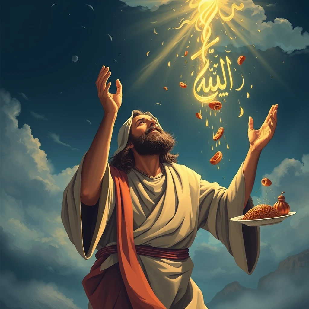 Prophet Jesus (Peace be upon him) praying to Allah, bringing down dishes from the sky. - Image