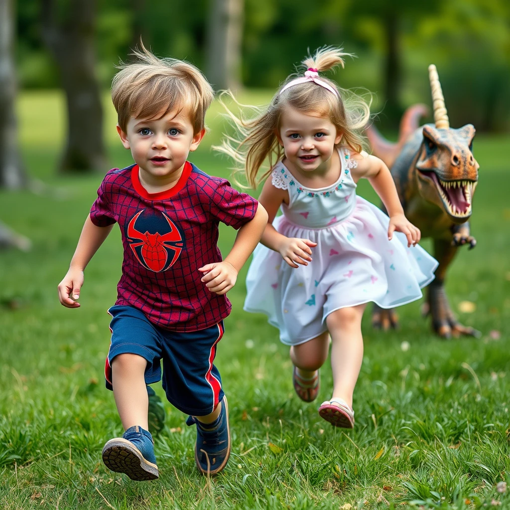 Four-year-old twins, a boy and a girl. Light brown hair and hazel eyes. Finnish-looking. The boy is wearing a Spiderman t-shirt and football shorts. The girl is wearing a unicorn dress. They are running towards the camera. A dinosaur is chasing them. - Image