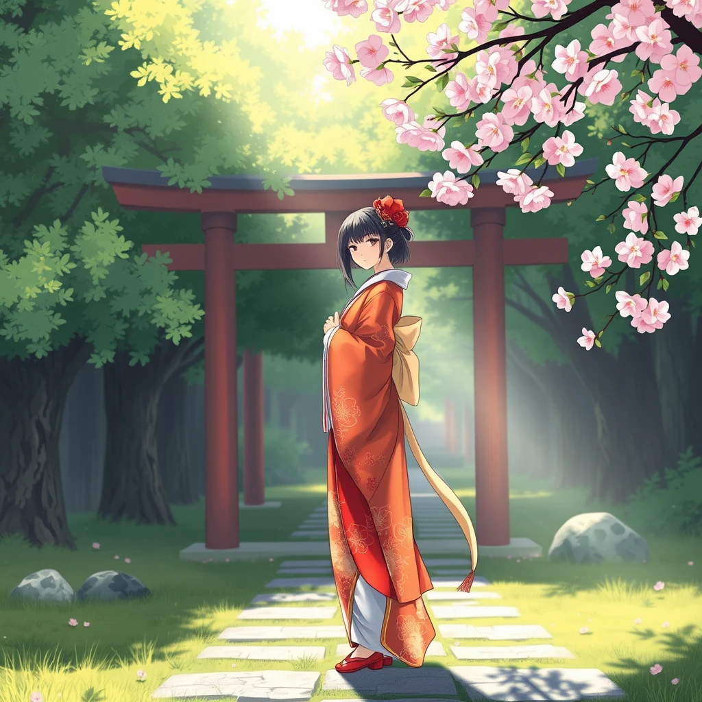 A serene shrine maiden stands gracefully in a vibrant red and white kimono, surrounded by lush green trees and blooming cherry blossoms, under soft, dappled sunlight, in a traditional Japanese art style. - Image