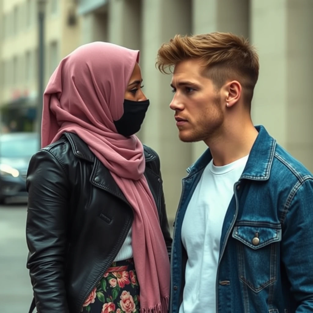 Jamie Dornan's face, hair and body shot, handsome, young, shaved, white T-shirt, blue jacket jeans, dating love with biggest soft pink hijab, black leather jacket, face mask black, biggest floral skirt, hyper-realistic, street photography. - Image