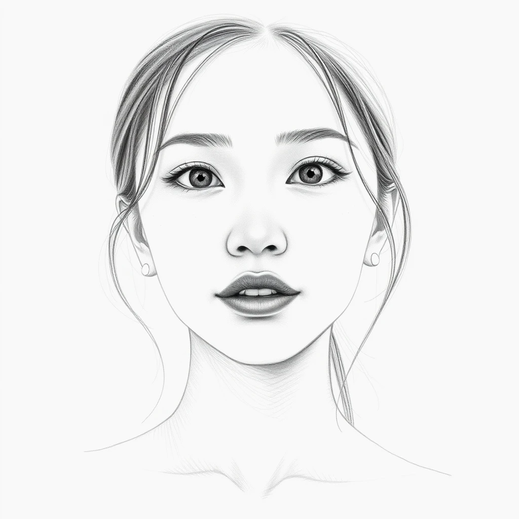 Black and white pencil sketch drawing of a Young beautiful Asian cute lady, Portrait, Photographic and realistic, Extreme realism, Skin texture, White background, Kodak Portra 800, Leica 50mm, Unreal Engine 5, Ray tracing, Ultra hight detailed, Ultra Hight Quality, 8k