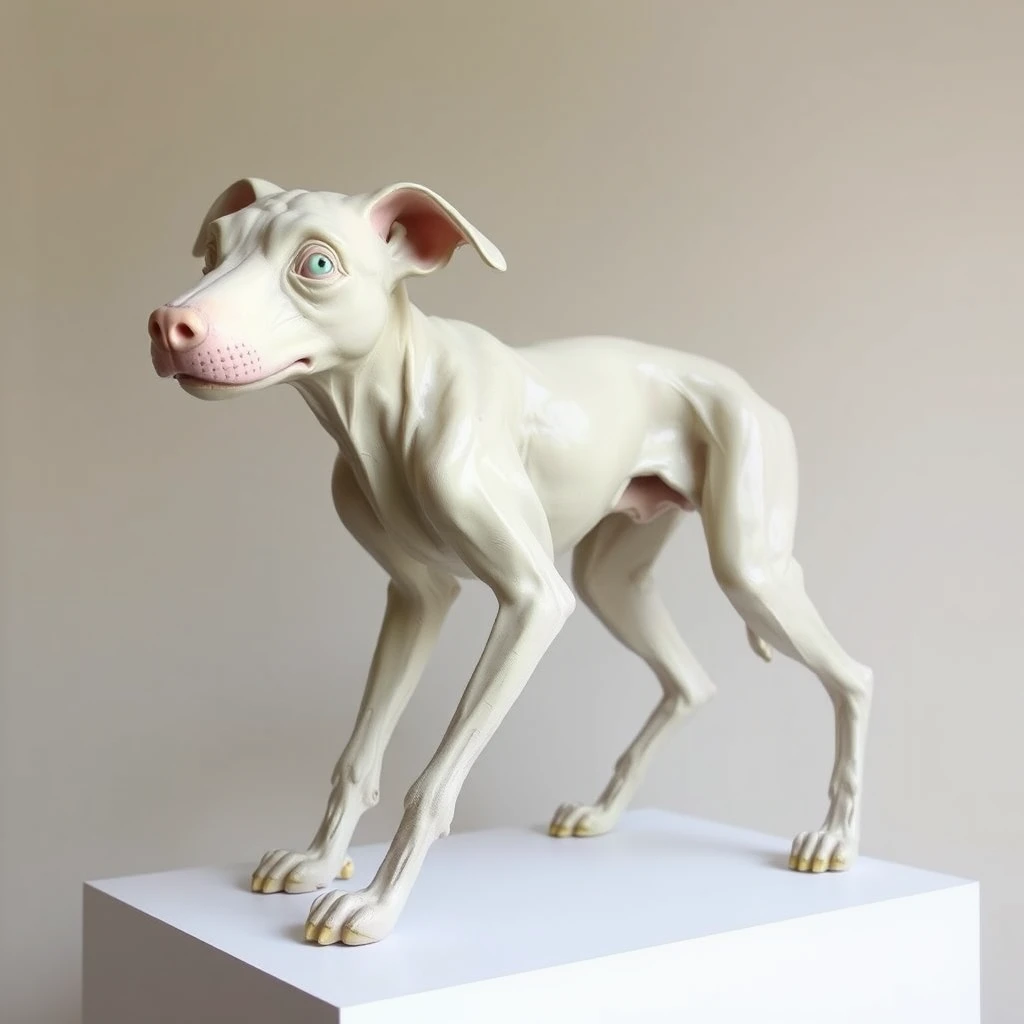 Sculpture of a humanoid creature in the style of Patricia Piccinini, a cross between a woman and a dog. - Image