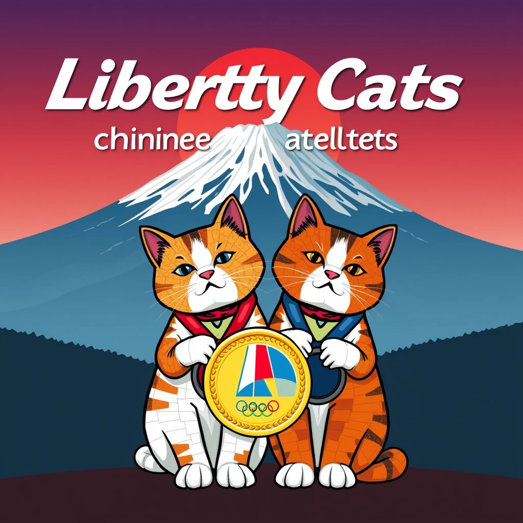 draw a pic with "Liberty Cats Congratulations chinese athletes " big text on the Mount Fuji backgroud,AND tow mosaic style cats  in front it together , carring a Paris Olympic gold medal  logo with text "Liberty Cats"
 - Image