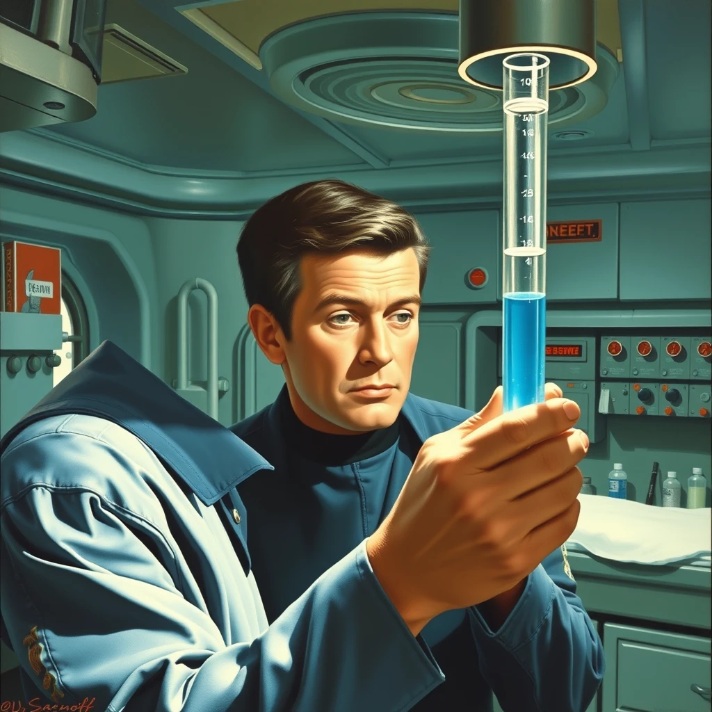 Deforest Kelly looks at a test tube of blue fluid in the sick bay of the USS Enterprise, as painted by Arthur Sarnoff in 1965.