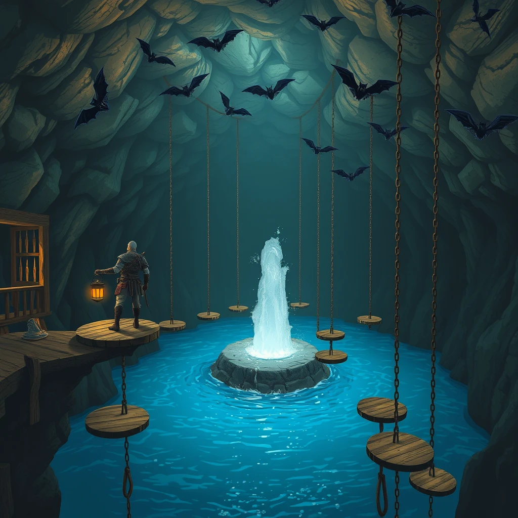 A large cavern, standing on one of the platforms is a male warrior who is holding a lantern. There is blue water filling the bottom of the cavern and a geyser is erupting. Hanging from the ceiling in a row are 10 chains going past the geyser. There are round wooden platforms at the end of the chains that are suspended above the water. Bats are flying around. - Image