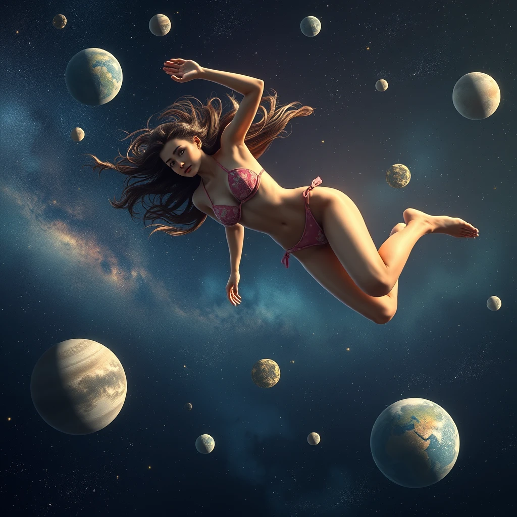 Girl in a bikini swimming in space, among stars and planets. Photorealistic. - Image