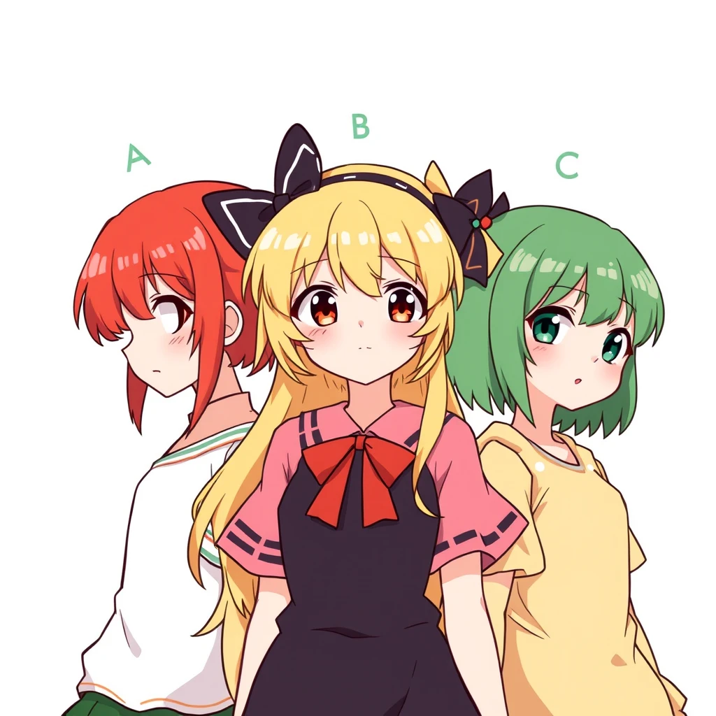 Three cute girls. A: red hair, B: yellow hair, C: green hair. A is on the left, B is on the right, C is in the center.