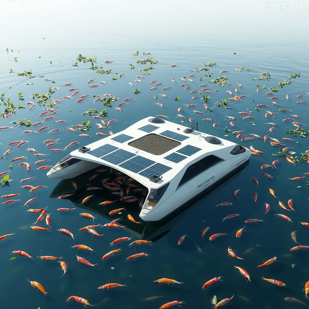 Smartly designed, aerodynamic floating catamaran platform in an aquatic shrimp farm, equipped with sensors to locate shrimp presence and autonomously navigate there to dispense food grains, powered by solar panels and able to use aerators to increase BOD where required. - Image