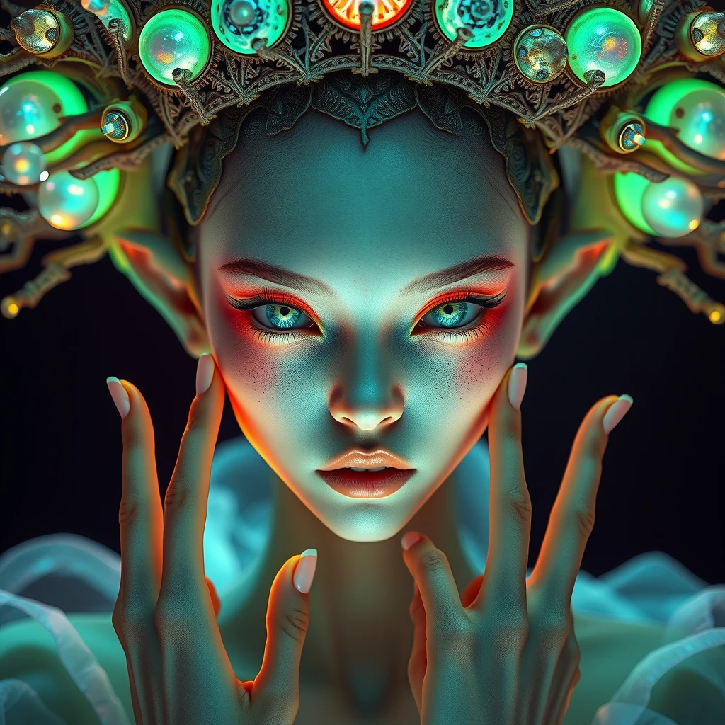 (vibrant neon colors) Ethereal beautiful alien-Japanese female human hybrid, bioluminescent skin. Ornate organic crown with iridescent translucent nodules. Piercing green eyes, elongated features. Intricate bone-like structures, glowing backlit features. Delicate hands framing face. Pale mint complexion, freckles. Flowing seafoam garment. Hyper-detailed textures, otherworldly beauty. Surreal and dreamlike atmosphere, cinematic lighting.