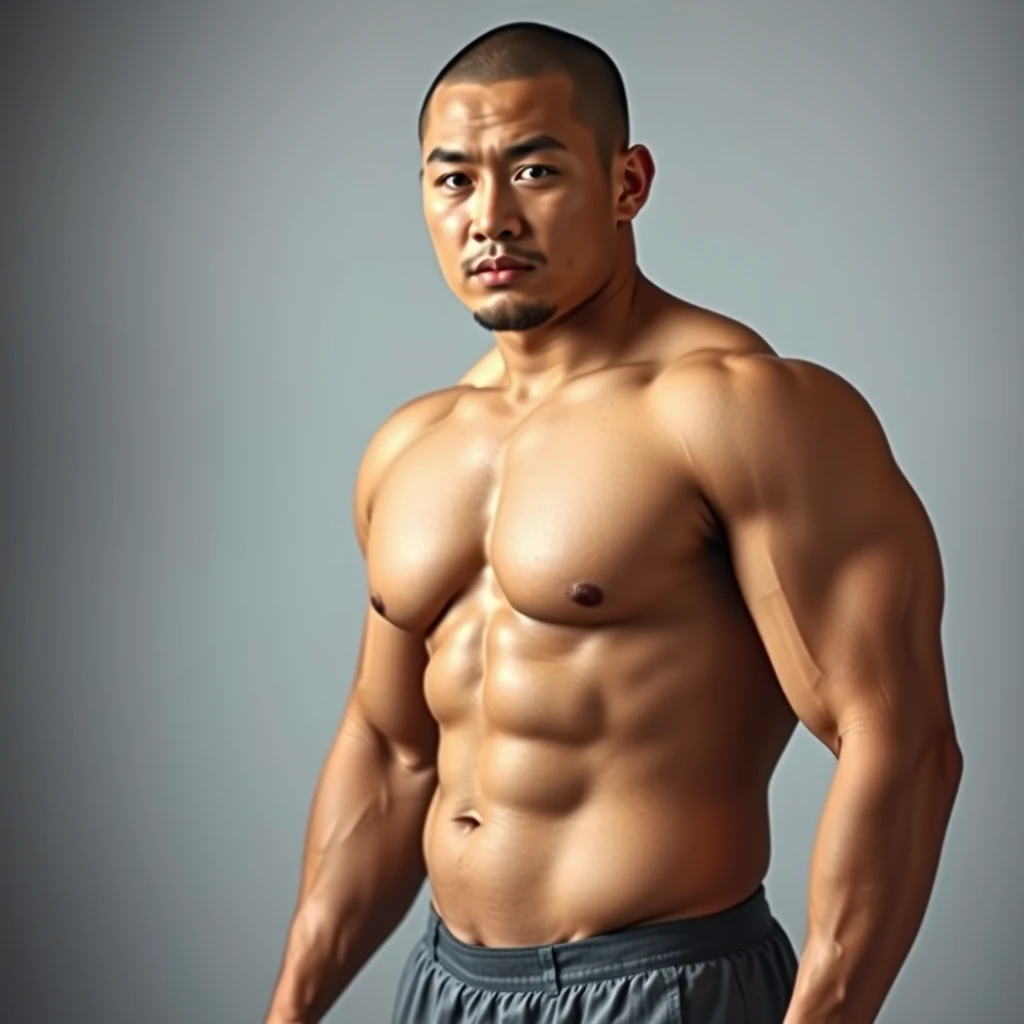 a full body portrait of a muscular (beefy:1.2) Asian male, buzz cut, HD, 32k UHD, real - Image