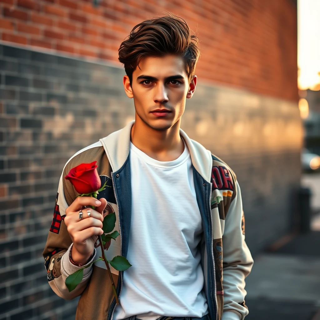 Freddie Prinze head and body shot, handsome, young, serious face, white T-shirt, collage jacket, jeans, sneakers, holding a red rose, hyper-realistic, street photography, brick wall, full body photo, sunrise.