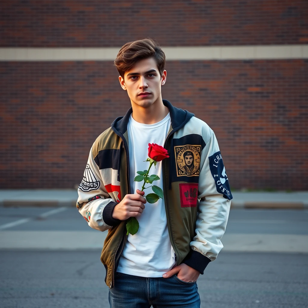 Freddie Prinze head and body shot, handsome, young, serious face, white T-shirt, collage jacket, jeans, sneakers, holding a red rose, hyper-realistic, street photography, brick wall, full-body photography, sunrise.